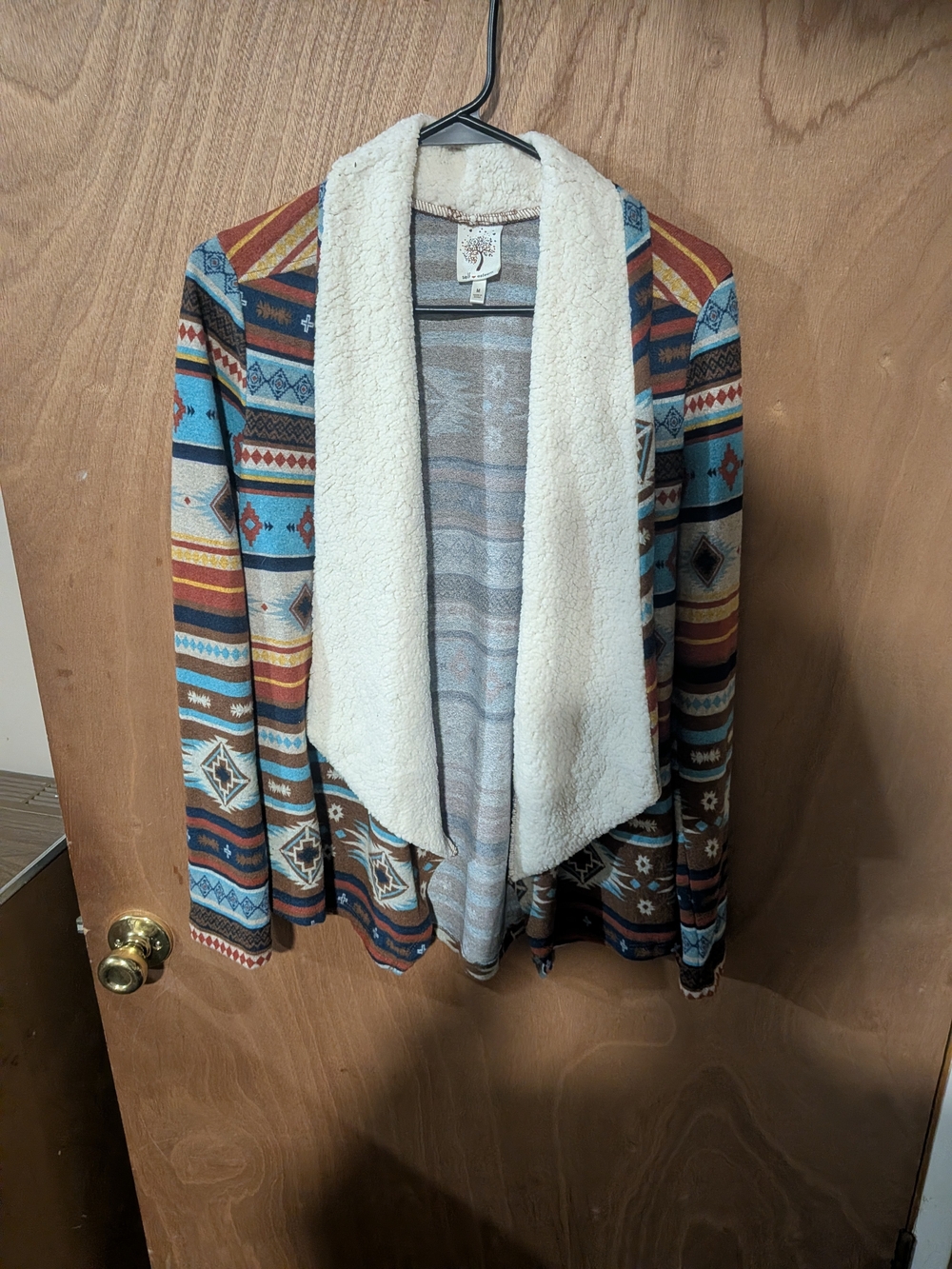 Self Esteem Multi-Color Aztec Open Cardigan with Cream Sherpa Collar
